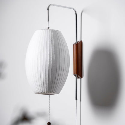 Wandlamp Zijden Kap Walnoot Metaal Wit Woonkamer Slaapkamer