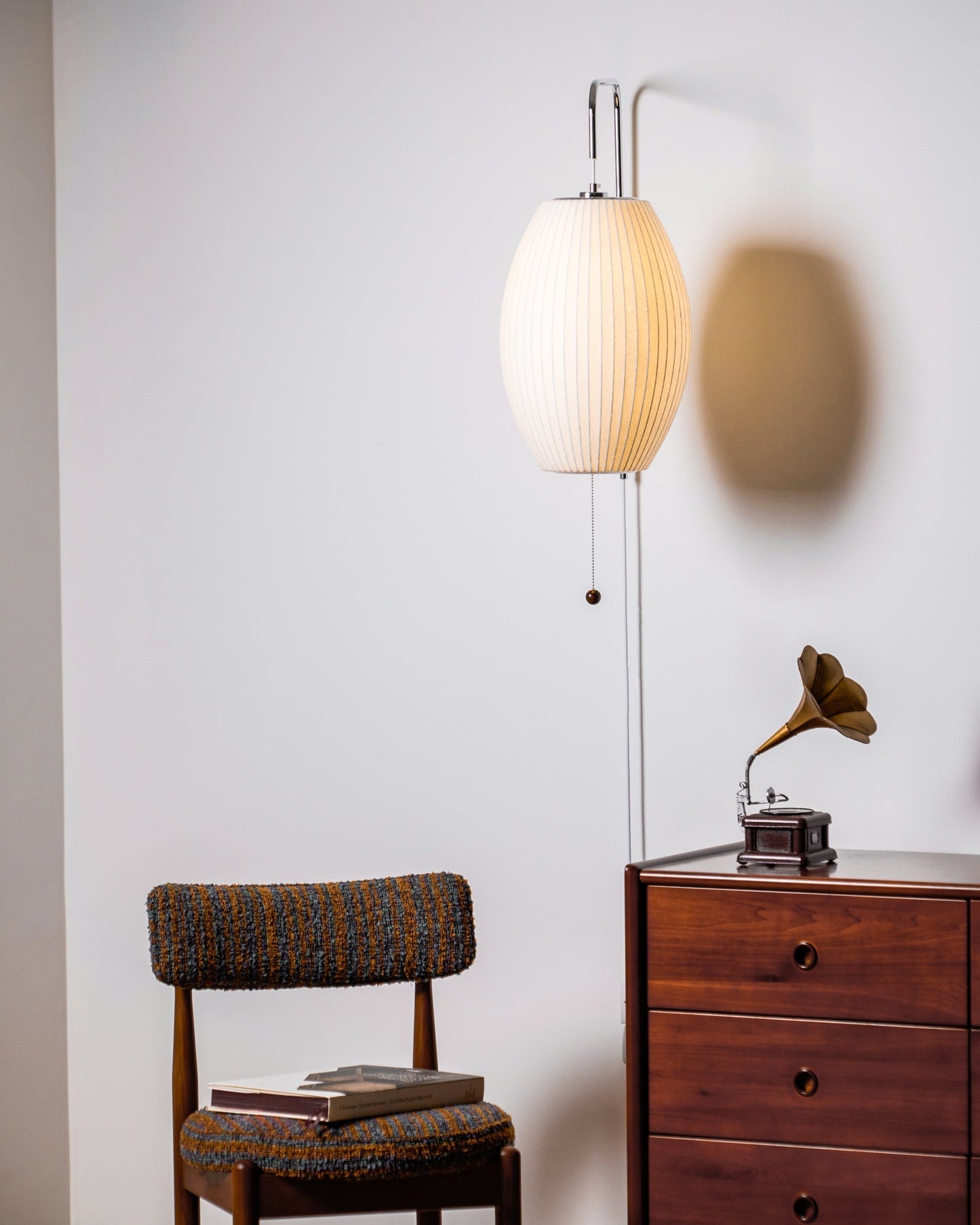 Wandlamp Zijden Kap Walnoot Metaal Wit Woonkamer Slaapkamer