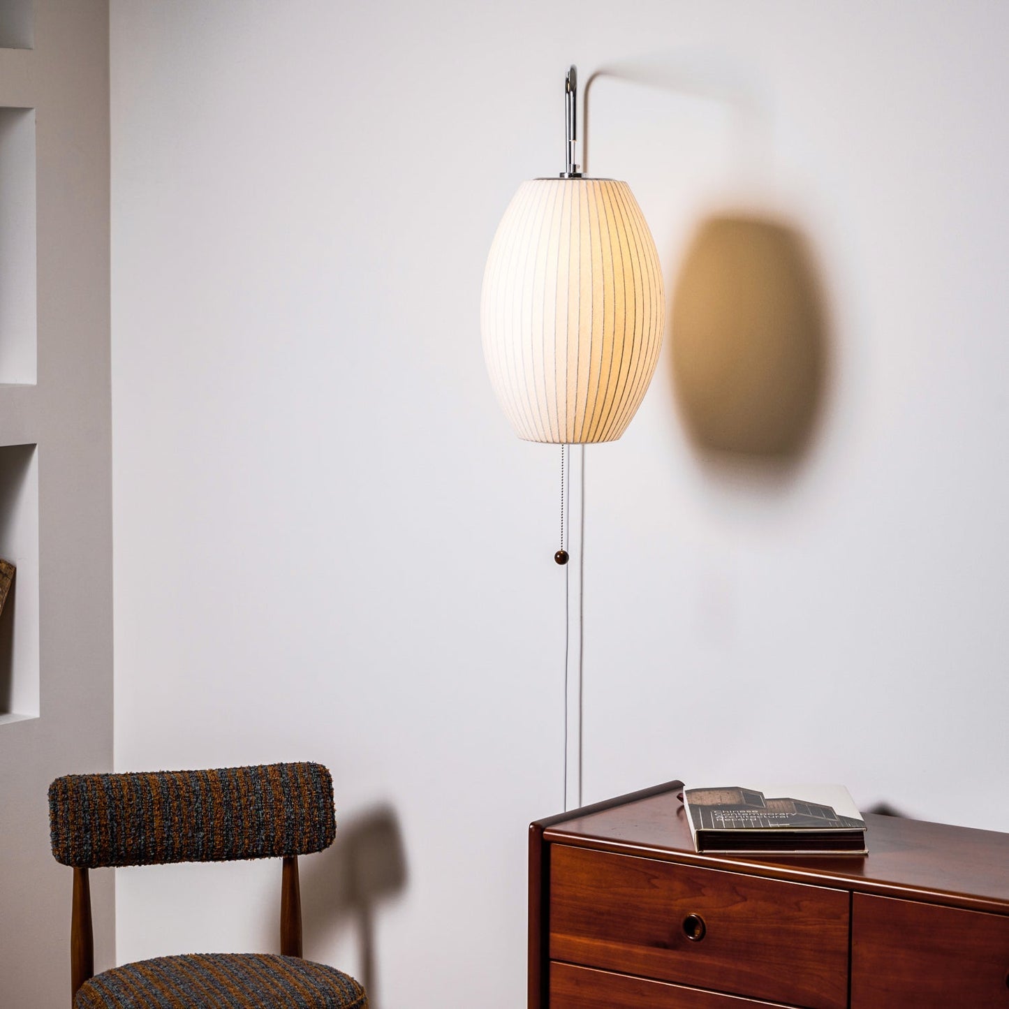 Wandlamp Zijden Kap Walnoot Metaal Wit Woonkamer Slaapkamer