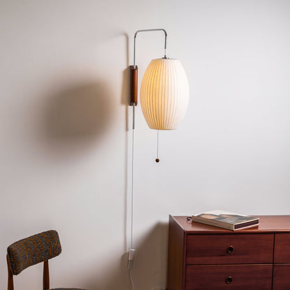 Wandlamp Zijden Kap Walnoot Metaal Wit Woonkamer Slaapkamer