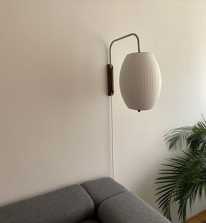 Wandlamp Zijden Kap Walnoot Metaal Wit Woonkamer Slaapkamer