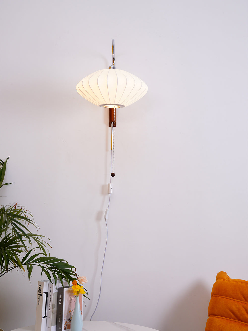 Wandlamp Zijden Kap Walnoot Metaal Wit Woonkamer Slaapkamer