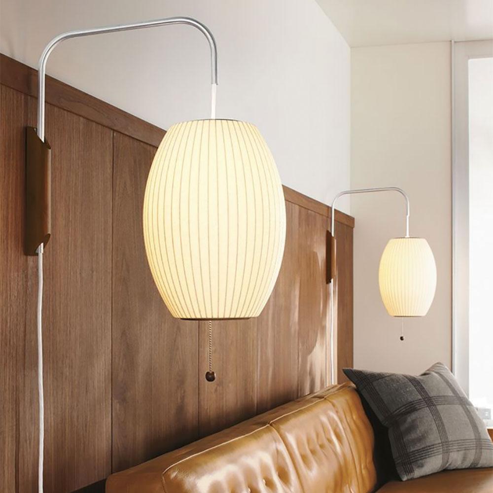 Wandlamp Zijden Kap Walnoot Metaal Wit Woonkamer Slaapkamer