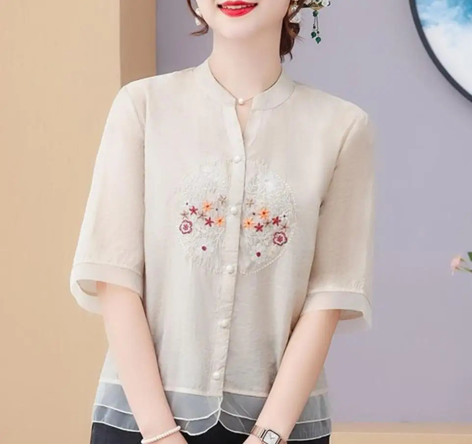 Vrouwelijke Zomer Blouse V-Hals Vintage Stijl