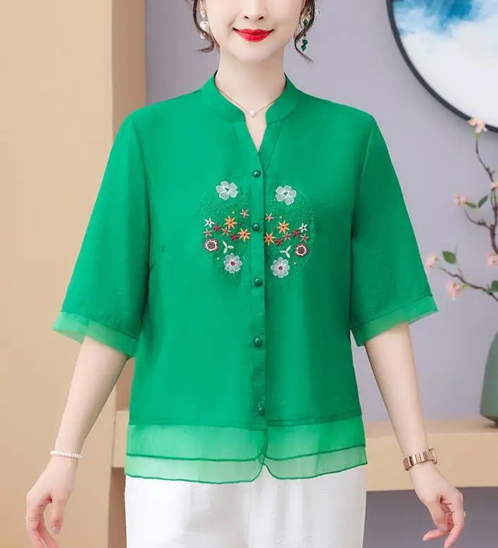 Vrouwelijke Zomer Blouse V-Hals Vintage Stijl