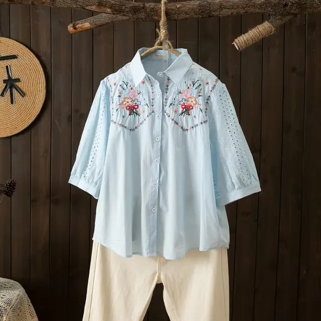 Vrouwelijke Katoenen Blouse Lente Zomer Doorkijk Model - StudioMarella