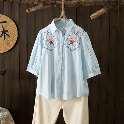 Vrouwelijke Katoenen Blouse Lente Zomer Doorkijk Model - StudioMarella