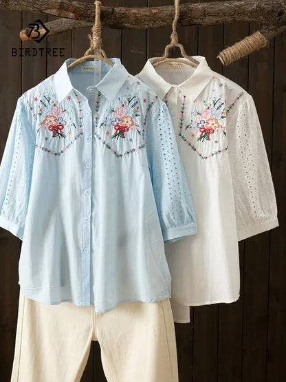 Vrouwelijke Katoenen Blouse Lente Zomer Doorkijk Model