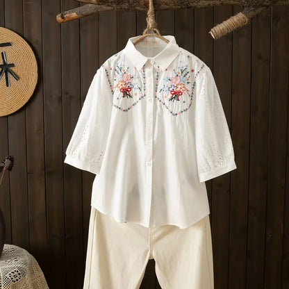 Vrouwelijke Katoenen Blouse Lente Zomer Doorkijk Model