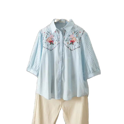 Vrouwelijke Katoenen Blouse Lente Zomer Doorkijk Model