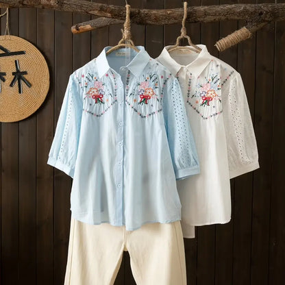 Vrouwelijke Katoenen Blouse Lente Zomer Doorkijk Model