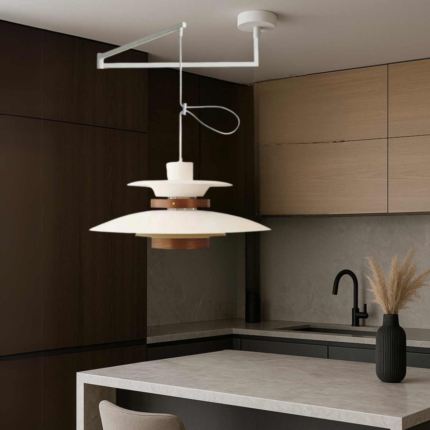 Merado zwenkarm hanglamp metaal hout zwart eetkamer verlichting verstelbaar Scandinavisch design hanglamp moderne pendant lamp
