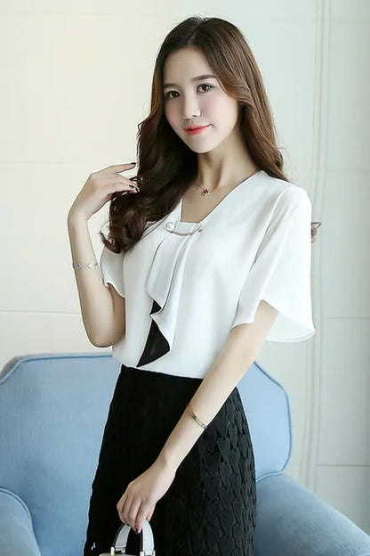 Lente Damesblouse Korte Mouwen Chiffon Elegante Stijl