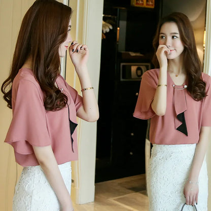 Lente Damesblouse Korte Mouwen Chiffon Elegante Stijl