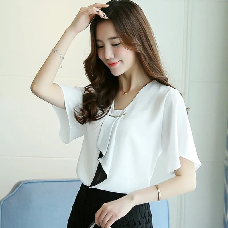 Lente Damesblouse Korte Mouwen Chiffon Elegante Stijl
