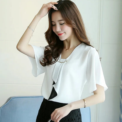 Lente Damesblouse Korte Mouwen Chiffon Elegante Stijl