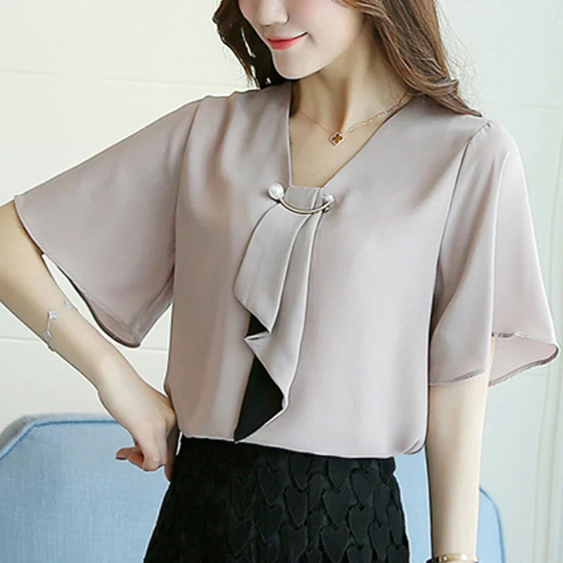 Lente Damesblouse Korte Mouwen Chiffon Elegante Stijl