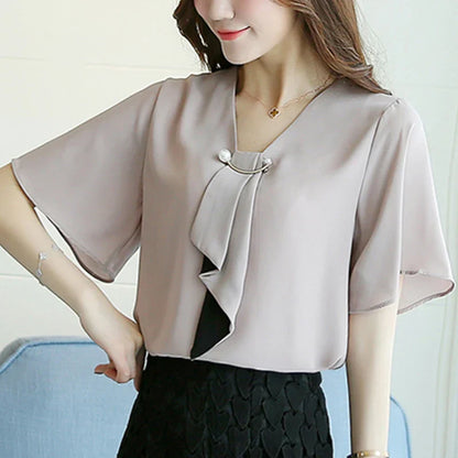 Lente Damesblouse Korte Mouwen Chiffon Elegante Stijl
