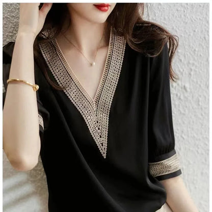 Zwarte Chiffon Blouse voor Vrouw Zomerse Stijl