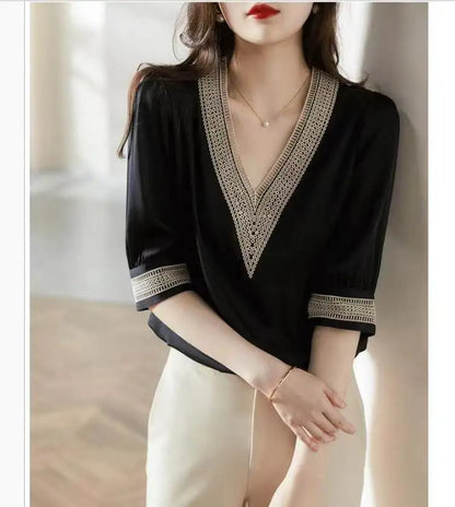 Zwarte Chiffon Blouse voor Vrouw Zomerse Stijl