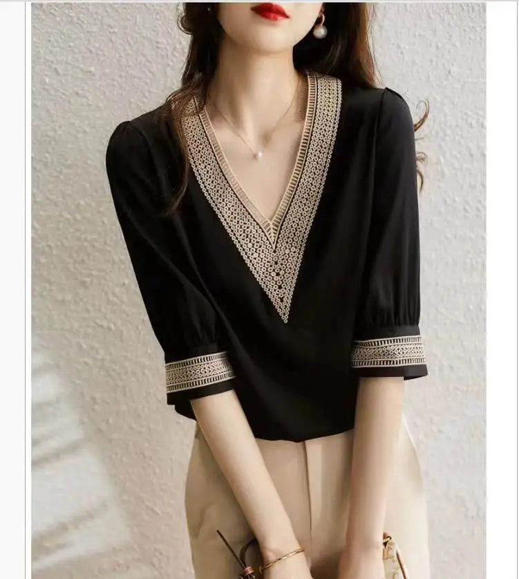 Zwarte Chiffon Blouse voor Vrouw Zomerse Stijl