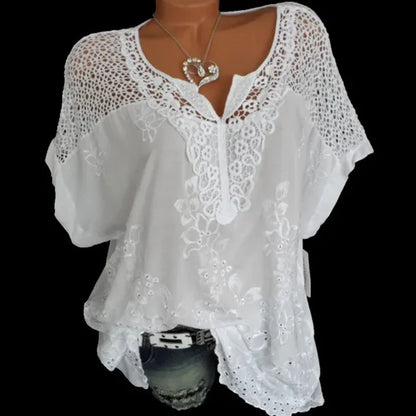 Vrouwelijke Korte Mouwen Blouse met Kanten Detail Losse Fit