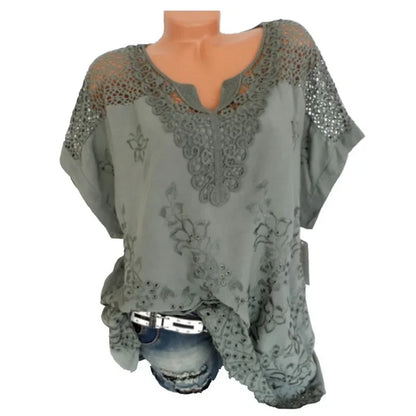 Vrouwelijke Korte Mouwen Blouse met Kanten Detail Losse Fit