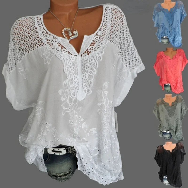 Vrouwelijke Korte Mouwen Blouse met Kanten Detail Losse Fit