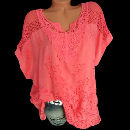 Vrouwelijke Korte Mouwen Blouse met Kanten Detail Losse Fit