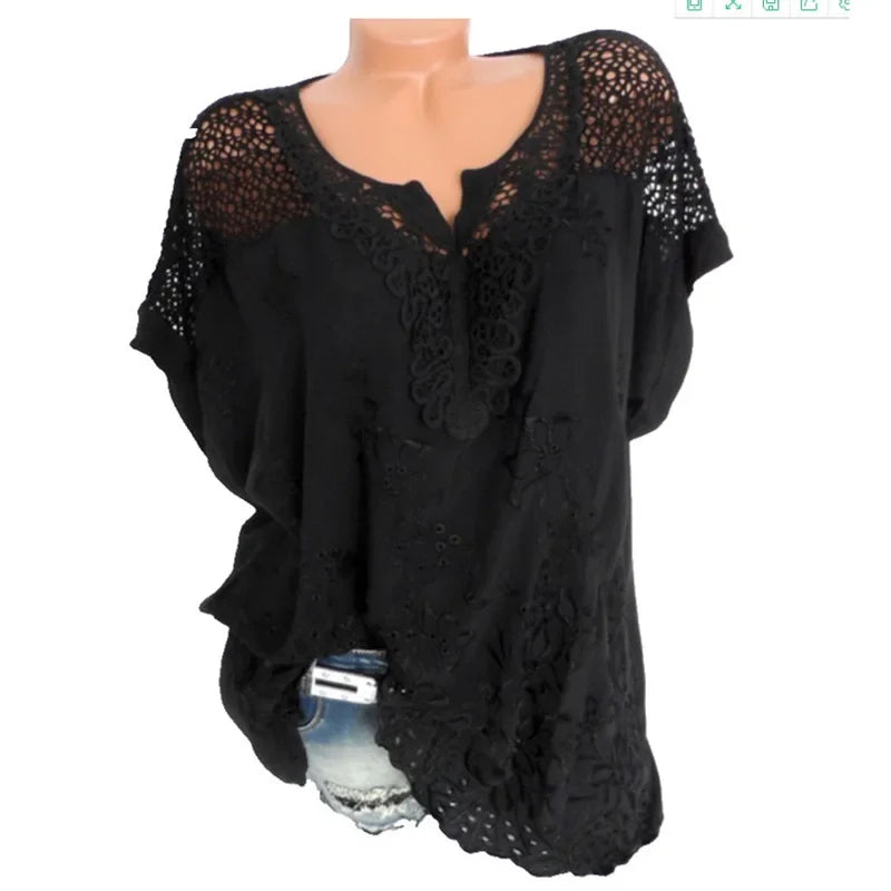 Vrouwelijke Korte Mouwen Blouse met Kanten Detail Losse Fit