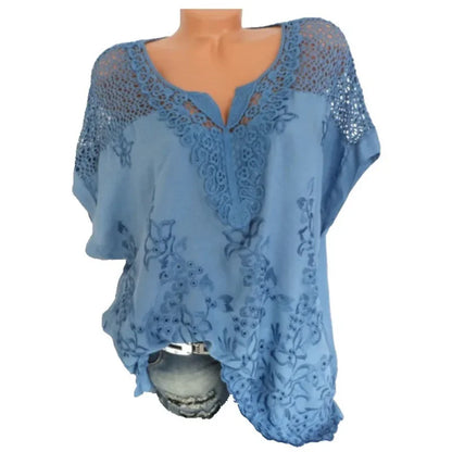 Vrouwelijke Korte Mouwen Blouse met Kanten Detail Losse Fit