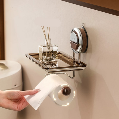 Zuignap Toiletrolhouder met Houtnerf Design Zonder Boren RVS voor Gladde Oppervlakken