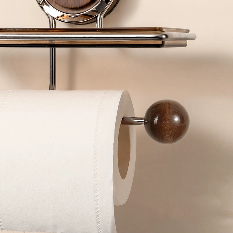 Zuignap Toiletrolhouder met Houtnerf Design Zonder Boren RVS voor Gladde Oppervlakken