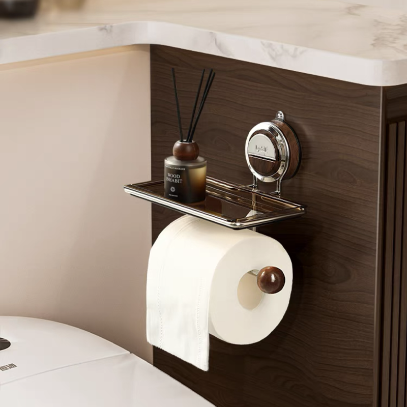 Zuignap Toiletrolhouder met Houtnerf Design Zonder Boren RVS voor Gladde Oppervlakken