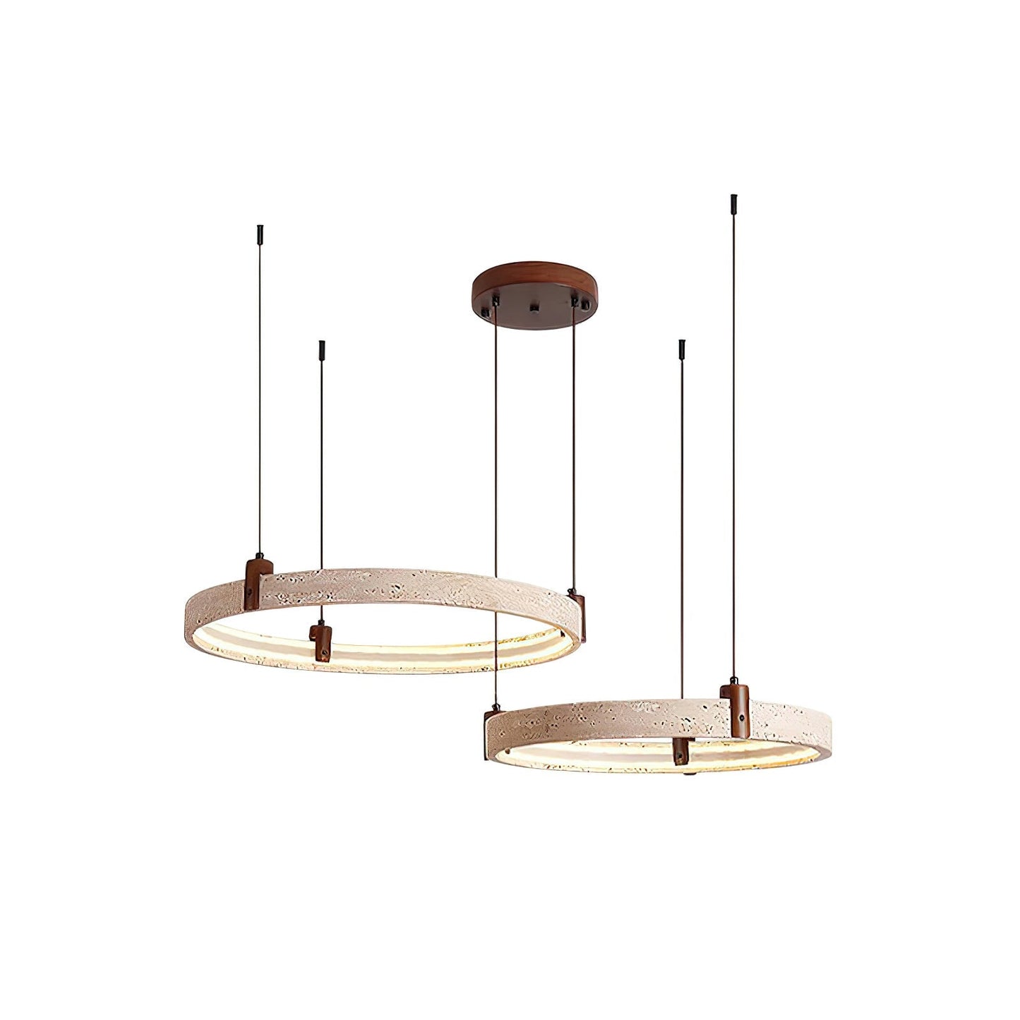 Travertijn Ring Kroonluchter – Natuursteen Hanglamp met Walnoot Hout en Geïntegreerde LED | Scandinavisch Design voor Woon- en Eetkamer