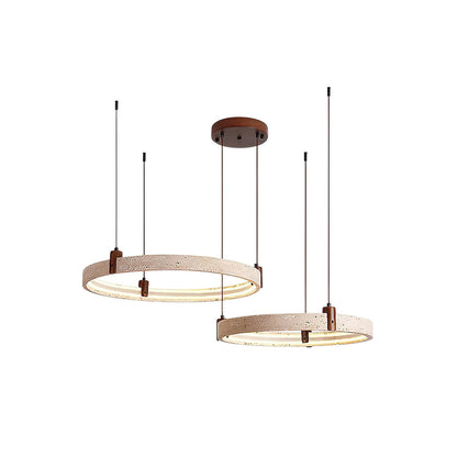 Travertijn Ring Kroonluchter – Natuursteen Hanglamp met Walnoot Hout en Geïntegreerde LED | Scandinavisch Design voor Woon- en Eetkamer