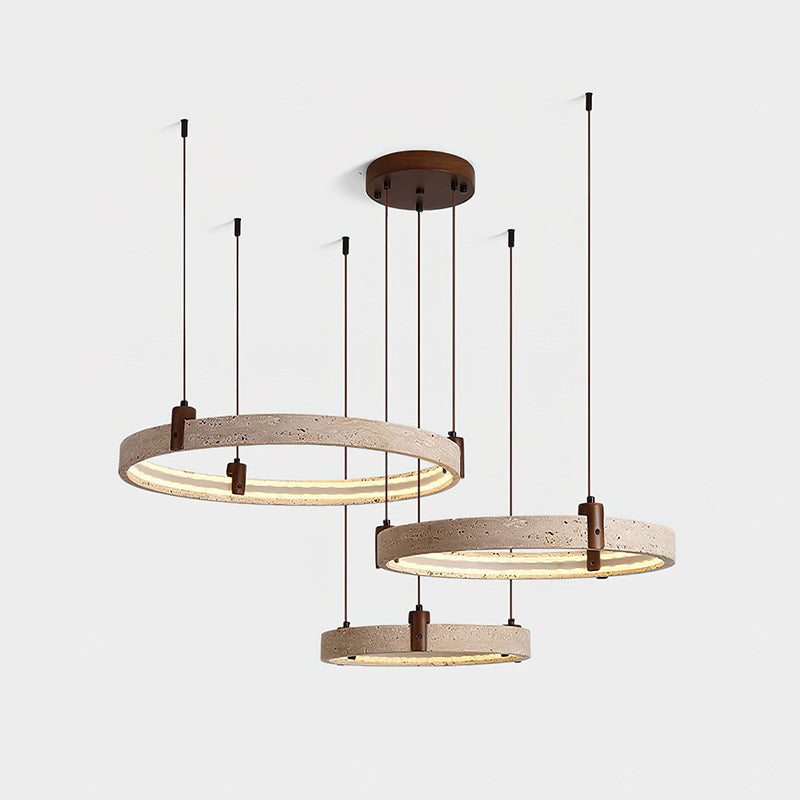 Travertijn Ring Kroonluchter – Natuursteen Hanglamp met Walnoot Hout en Geïntegreerde LED | Scandinavisch Design voor Woon- en Eetkamer