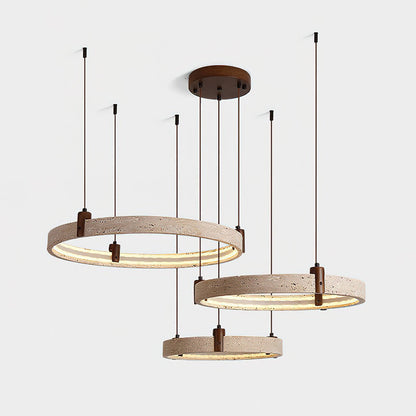 Travertijn Ring Kroonluchter – Natuursteen Hanglamp met Walnoot Hout en Geïntegreerde LED | Scandinavisch Design voor Woon- en Eetkamer