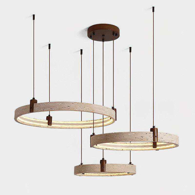 Travertijn Ring Kroonluchter – Natuursteen Hanglamp met Walnoot Hout en Geïntegreerde LED | Scandinavisch Design voor Woon- en Eetkamer