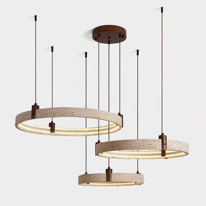 Travertijn Ring Kroonluchter – Natuursteen Hanglamp met Walnoot Hout en Geïntegreerde LED | Scandinavisch Design voor Woon- en Eetkamer