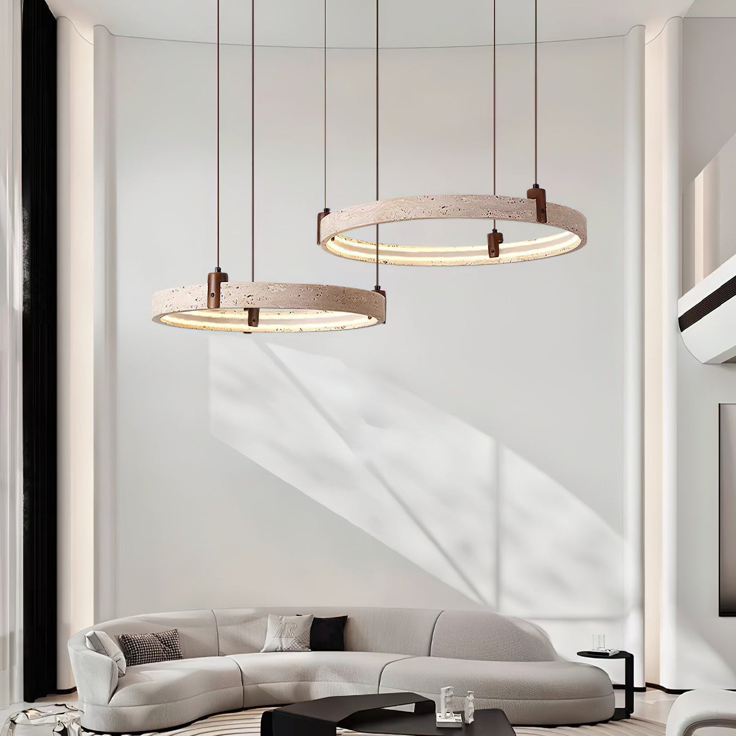 Travertijn Ring Kroonluchter – Natuursteen Hanglamp met Walnoot Hout en Geïntegreerde LED | Scandinavisch Design voor Woon- en Eetkamer