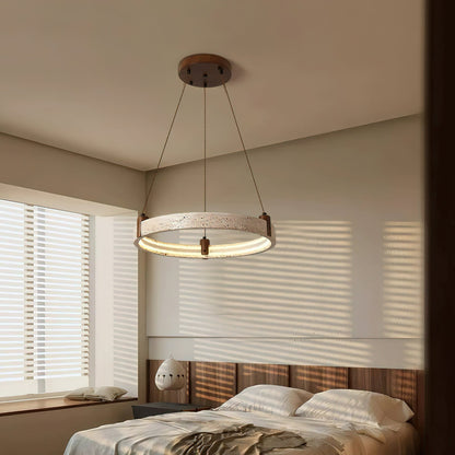 Travertijn Ring Kroonluchter – Natuursteen Hanglamp met Walnoot Hout en Geïntegreerde LED | Scandinavisch Design voor Woon- en Eetkamer