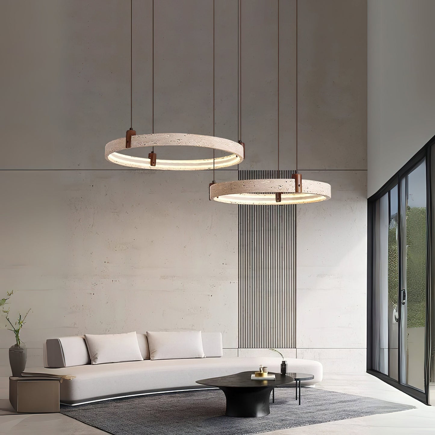 Travertijn Ring Kroonluchter – Natuursteen Hanglamp met Walnoot Hout en Geïntegreerde LED | Scandinavisch Design voor Woon- en Eetkamer