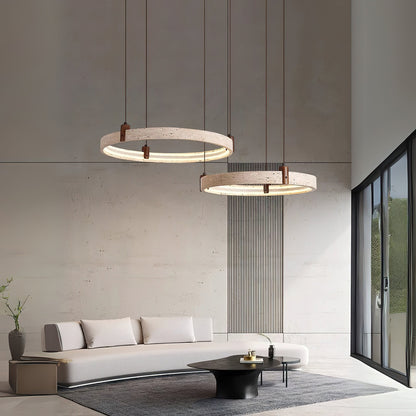 Travertijn Ring Kroonluchter – Natuursteen Hanglamp met Walnoot Hout en Geïntegreerde LED | Scandinavisch Design voor Woon- en Eetkamer