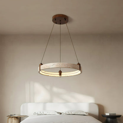 Travertijn Ring Kroonluchter – Natuursteen Hanglamp met Walnoot Hout en Geïntegreerde LED | Scandinavisch Design voor Woon- en Eetkamer
