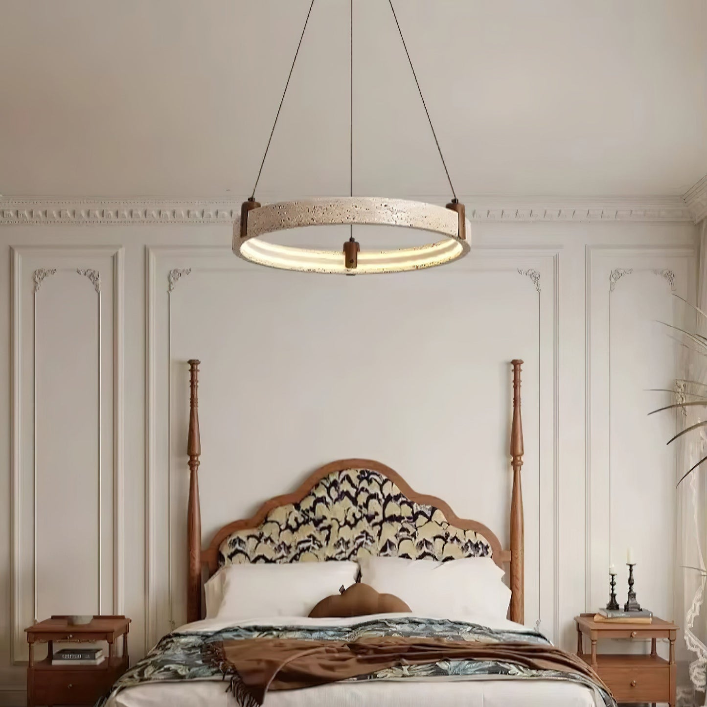 Travertijn Ring Kroonluchter – Natuursteen Hanglamp met Walnoot Hout en Geïntegreerde LED | Scandinavisch Design voor Woon- en Eetkamer