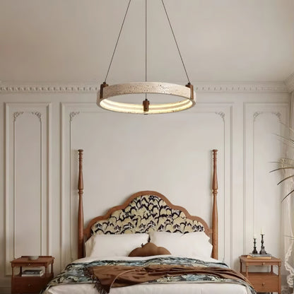 Travertijn Ring Kroonluchter – Natuursteen Hanglamp met Walnoot Hout en Geïntegreerde LED | Scandinavisch Design voor Woon- en Eetkamer