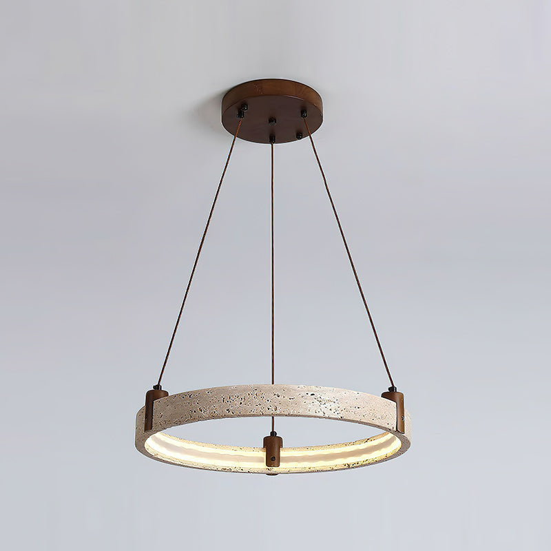 Travertijn Ring Kroonluchter – Natuursteen Hanglamp met Walnoot Hout en Geïntegreerde LED | Scandinavisch Design voor Woon- en Eetkamer