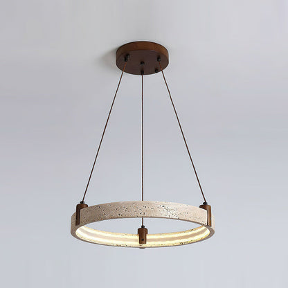 Travertijn Ring Kroonluchter – Natuursteen Hanglamp met Walnoot Hout en Geïntegreerde LED | Scandinavisch Design voor Woon- en Eetkamer