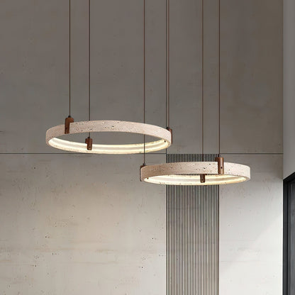 Travertijn Ring Kroonluchter – Natuursteen Hanglamp met Walnoot Hout en Geïntegreerde LED | Scandinavisch Design voor Woon- en Eetkamer